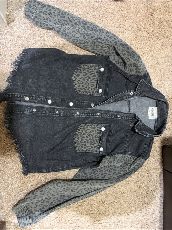 Veveret Jackets & Blazers - Vervet by Flying Monkey Black Denim Jacket with Leopard Print Sleeves
